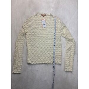 Mock Neck Lace Heart Pattern Long Sleeve Top Cream Ivory Size L